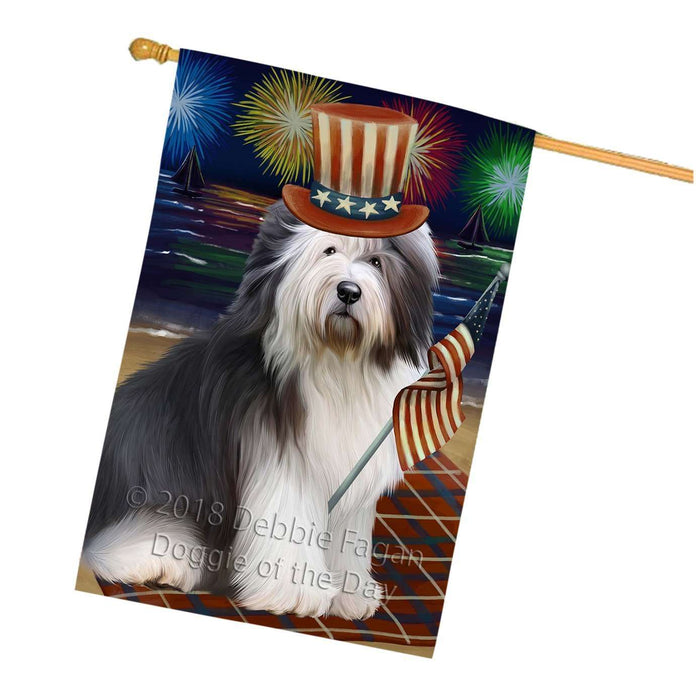 4th of July Independence Day Firework Old English Sheepdog House Flag FLG48911