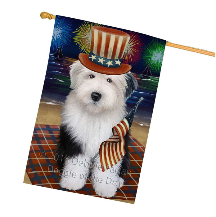 4th of July Independence Day Firework Old English Sheepdog House Flag FLG48912