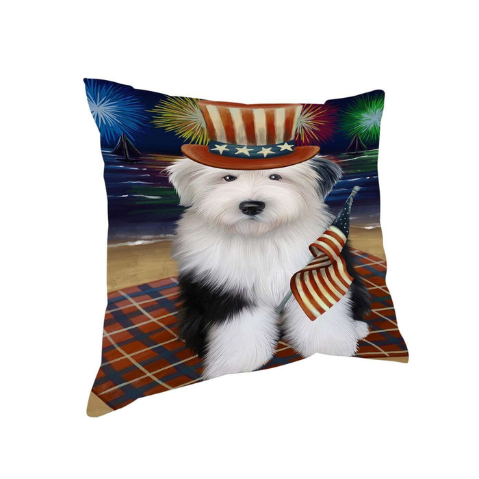 4th of July Independence Day Firework Old English Sheepdog Pillow PIL51644