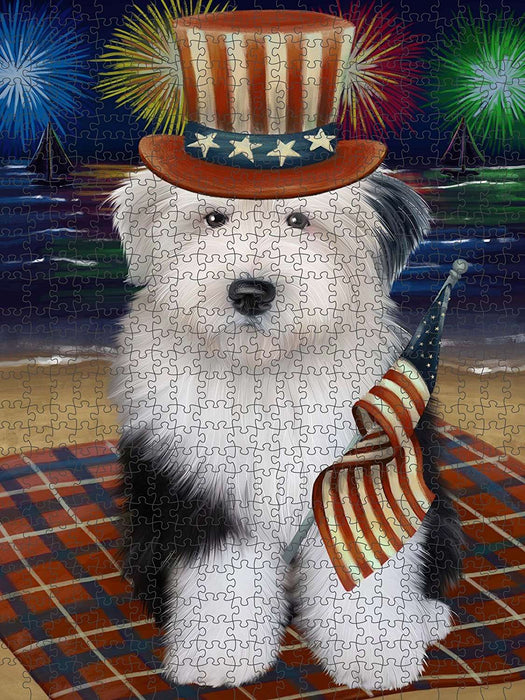 4th of July Independence Day Firework Old English Sheepdog Puzzle with Photo Tin PUZL51024