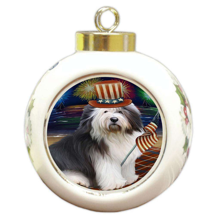 4th of July Independence Day Firework Old English Sheepdog Round Ball Christmas Ornament RBPOR48946