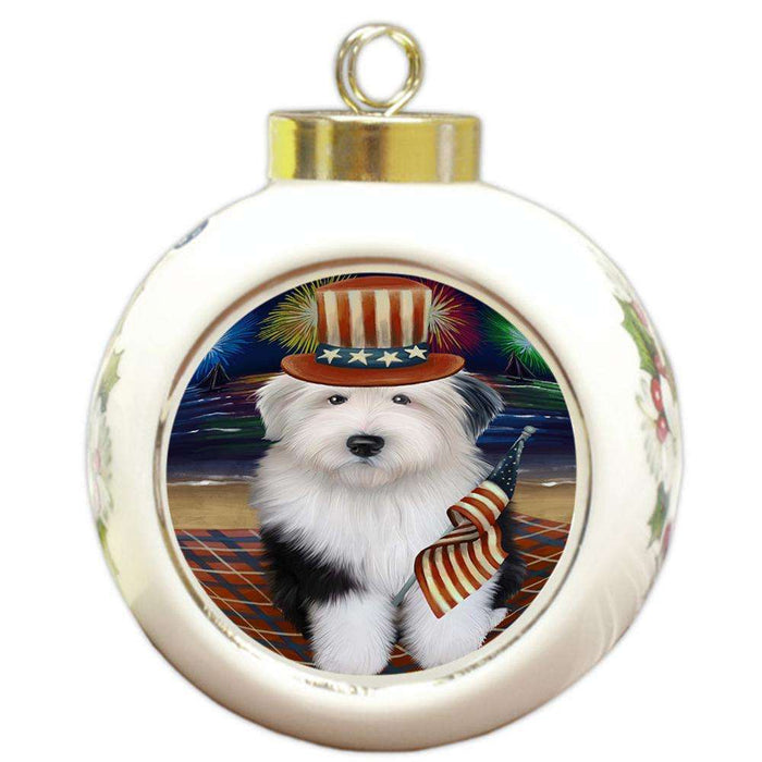 4th of July Independence Day Firework Old English Sheepdog Round Ball Christmas Ornament RBPOR48947