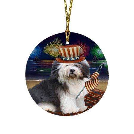 4th of July Independence Day Firework Old English Sheepdog Round Christmas Ornament RFPOR48937
