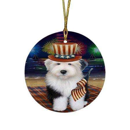 4th of July Independence Day Firework Old English Sheepdog Round Christmas Ornament RFPOR48938