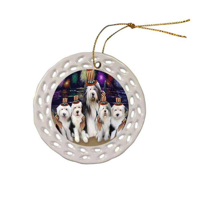 4th of July Independence Day Firework Old English Sheepdogs Ceramic Doily Ornament DPOR48948