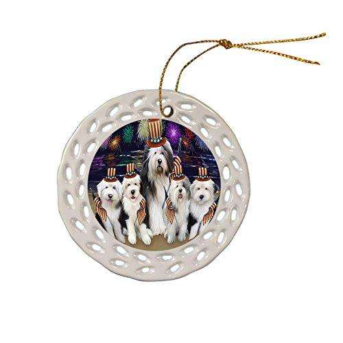 4th of July Independence Day Firework Old English Sheepdogs Ceramic Doily Ornament DPOR48948