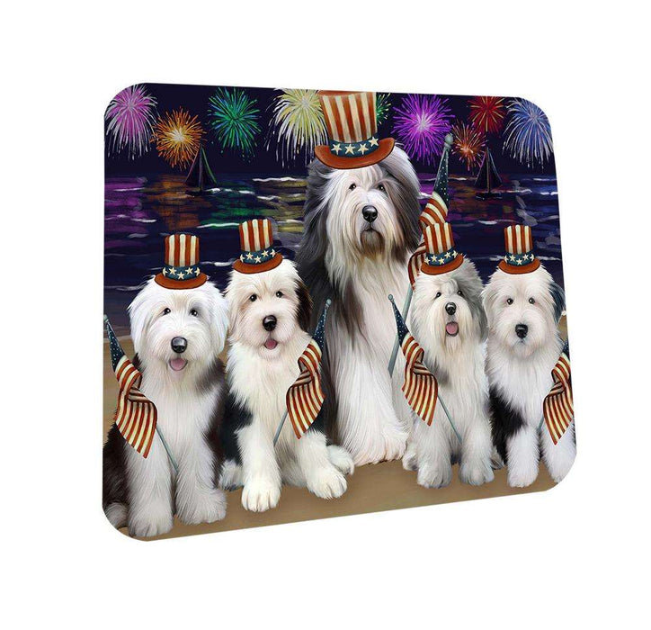 4th of July Independence Day Firework Old English Sheepdogs Coasters Set of 4 CST48907