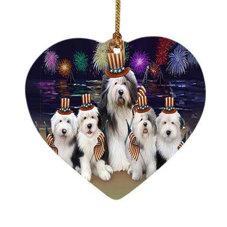 4th of July Independence Day Firework Old English Sheepdogs Heart Christmas Ornament HPOR48948