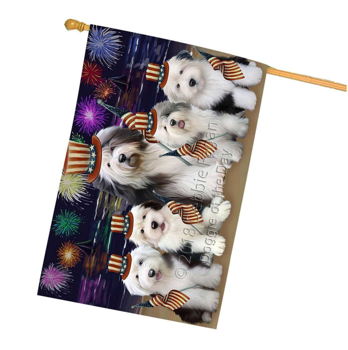 4th of July Independence Day Firework Old English Sheepdogs House Flag FLG48913