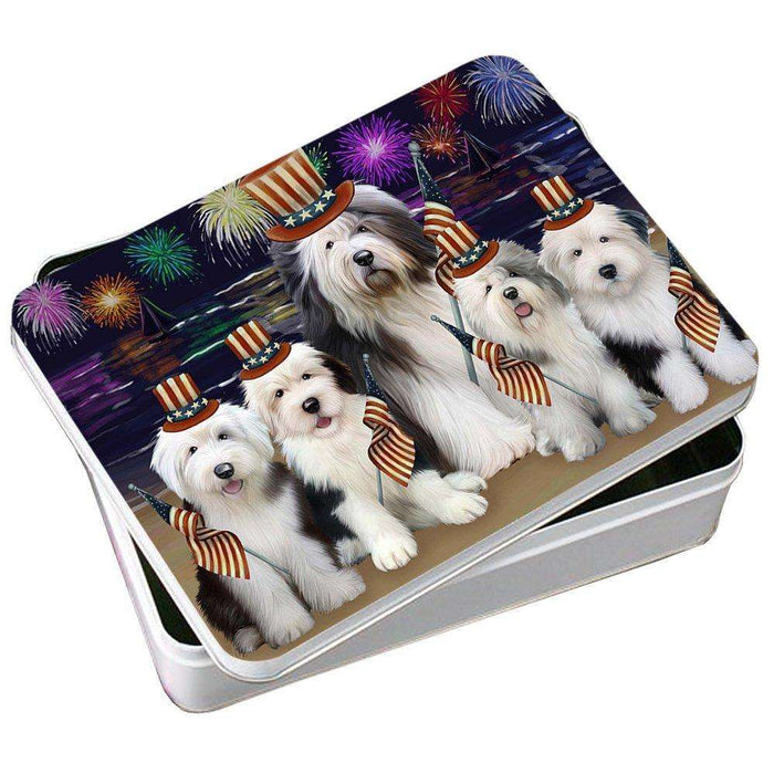 4th of July Independence Day Firework Old English Sheepdogs Photo Storage Tin PITN48948