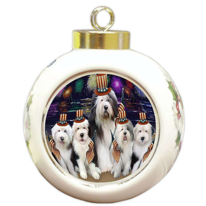 4th of July Independence Day Firework Old English Sheepdogs Round Ball Christmas Ornament RBPOR48948