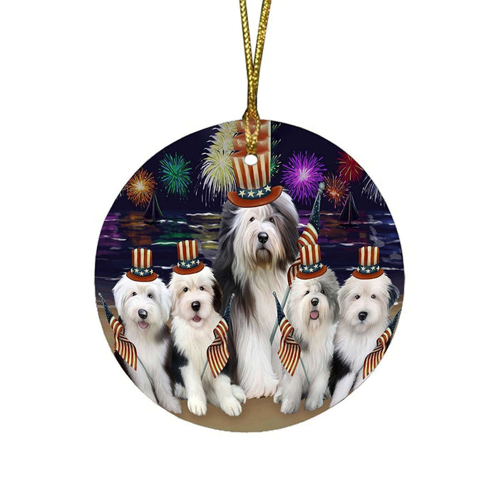 4th of July Independence Day Firework Old English Sheepdogs Round Christmas Ornament RFPOR48939