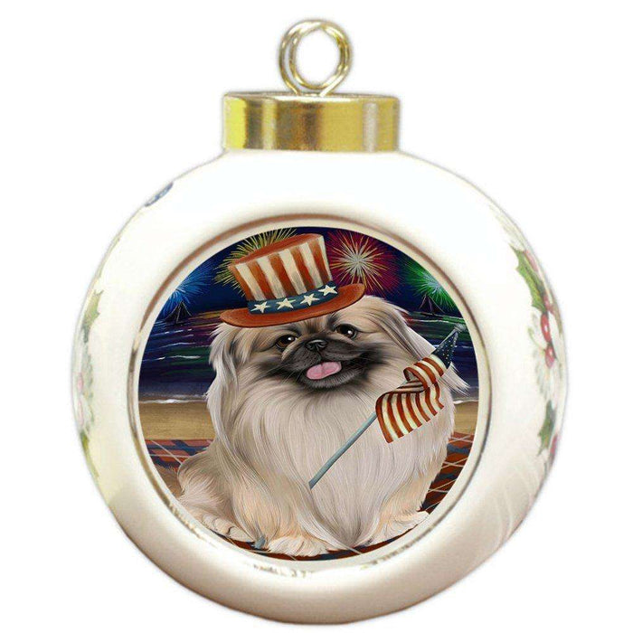 4th of July Independence Day Firework Pekingese Dog Round Ball Christmas Ornament RBPOR48949