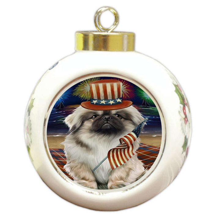 4th of July Independence Day Firework Pekingese Dog Round Ball Christmas Ornament RBPOR48952
