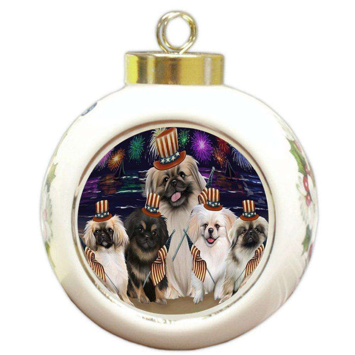 4th of July Independence Day Firework Pekingeses Dog Round Ball Christmas Ornament RBPOR48950