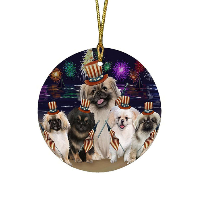 4th of July Independence Day Firework Pekingeses Dog Round Christmas Ornament RFPOR48941
