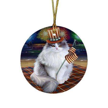4th of July Independence Day Firework Persian Cat Round Christmas Ornament RFPOR48944