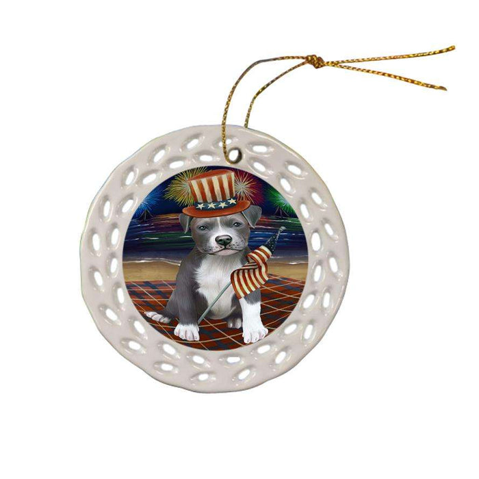 4th of July Independence Day Firework Pit Bull Dog Ceramic Doily Ornament DPOR48962