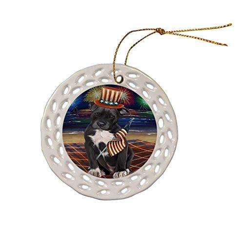4th of July Independence Day Firework Pit Bull Dog Ceramic Doily Ornament DPOR48964