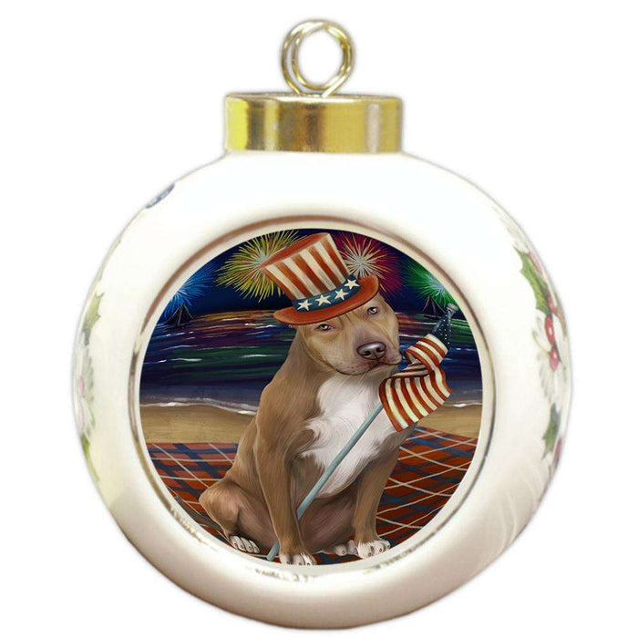 4th of July Independence Day Firework Pit Bull Dog Round Ball Christmas Ornament RBPOR48959