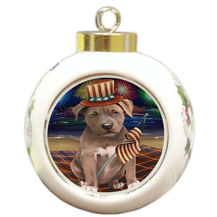 4th of July Independence Day Firework Pit Bull Dog Round Ball Christmas Ornament RBPOR48961