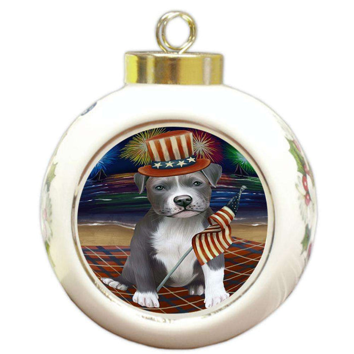 4th of July Independence Day Firework Pit Bull Dog Round Ball Christmas Ornament RBPOR48962