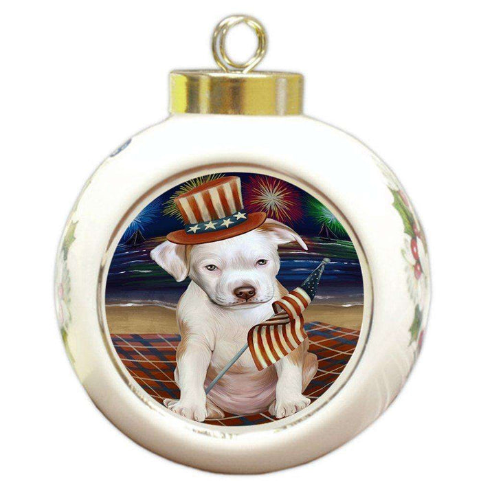 4th of July Independence Day Firework Pit Bull Dog Round Ball Christmas Ornament RBPOR48963