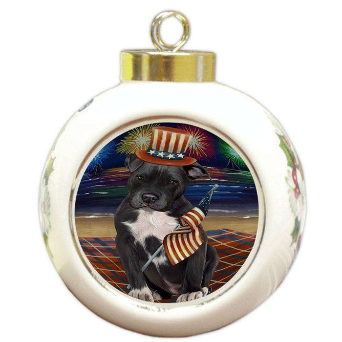 4th of July Independence Day Firework Pit Bull Dog Round Ball Christmas Ornament RBPOR48964