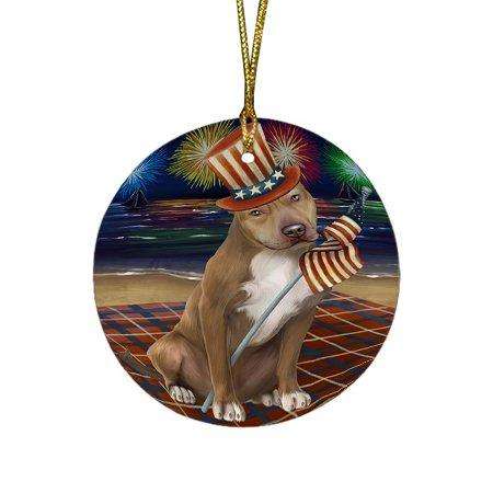 4th of July Independence Day Firework Pit Bull Dog Round Christmas Ornament RFPOR48950