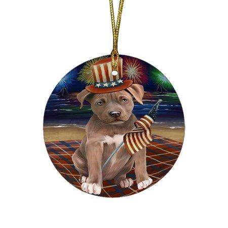4th of July Independence Day Firework Pit Bull Dog Round Christmas Ornament RFPOR48952