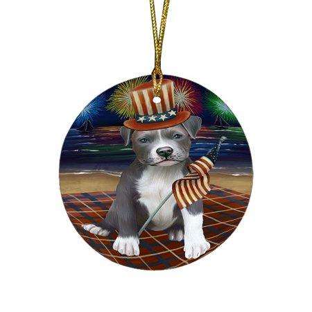 4th of July Independence Day Firework Pit Bull Dog Round Christmas Ornament RFPOR48953