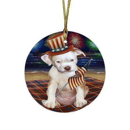 4th of July Independence Day Firework Pit Bull Dog Round Christmas Ornament RFPOR48954