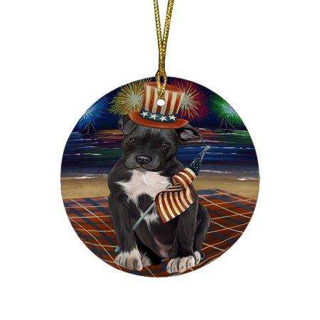 4th of July Independence Day Firework Pit Bull Dog Round Christmas Ornament RFPOR48955