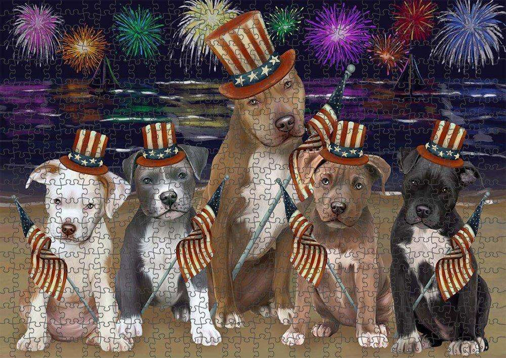 4th of July Independence Day Firework Pit Bulls Dog Puzzle with Photo Tin PUZL51063