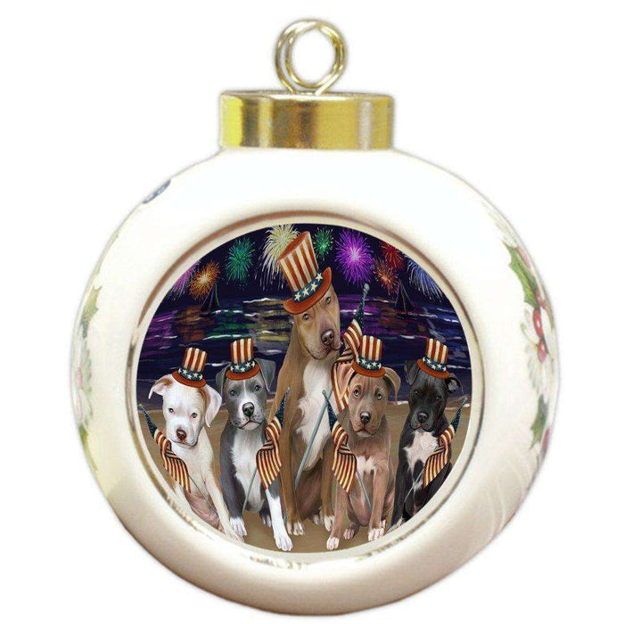 4th of July Independence Day Firework Pit Bulls Dog Round Ball Christmas Ornament RBPOR48960
