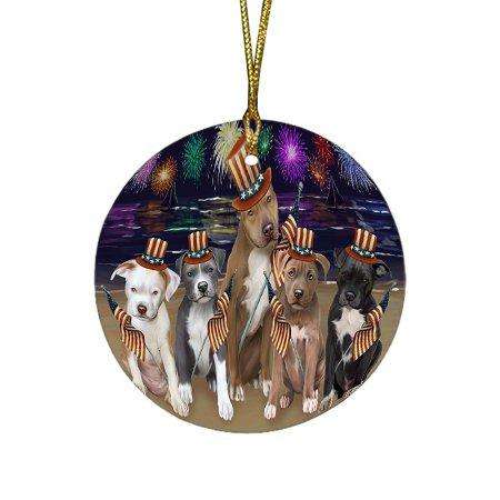 4th of July Independence Day Firework Pit Bulls Dog Round Christmas Ornament RFPOR48951