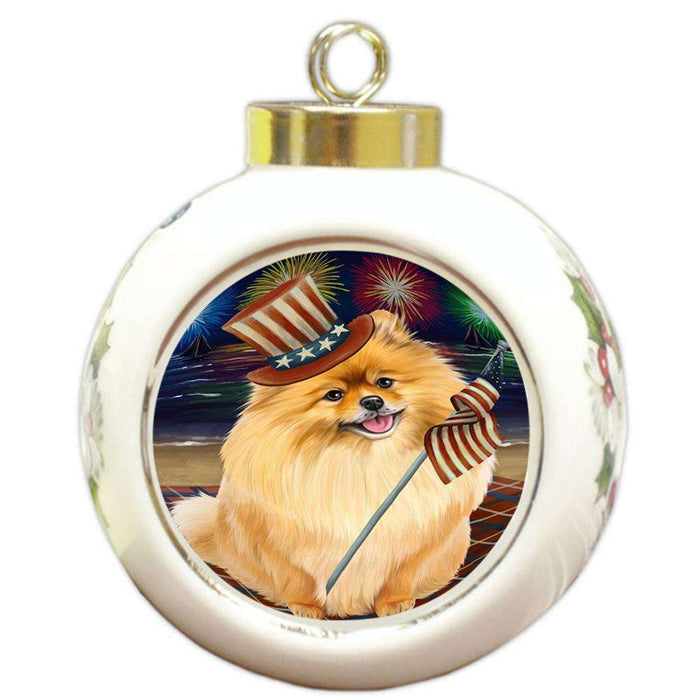 4th of July Independence Day Firework Pomeranian Dog Round Ball Christmas Ornament RBPOR48965
