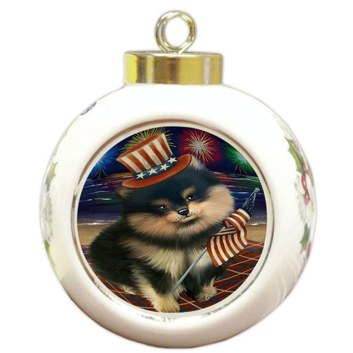4th of July Independence Day Firework Pomeranian Dog Round Ball Christmas Ornament RBPOR48967