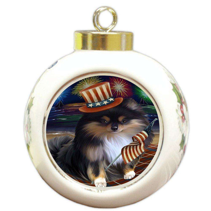 4th of July Independence Day Firework Pomeranian Dog Round Ball Christmas Ornament RBPOR48968
