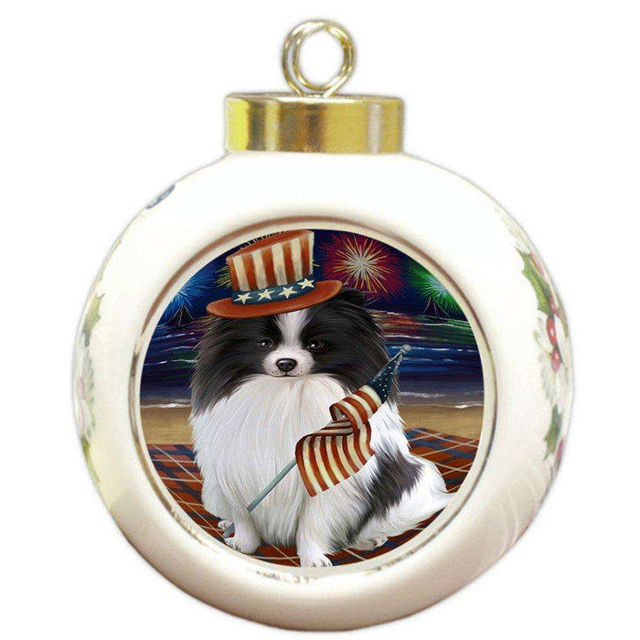 4th of July Independence Day Firework Pomeranian Dog Round Ball Christmas Ornament RBPOR48969