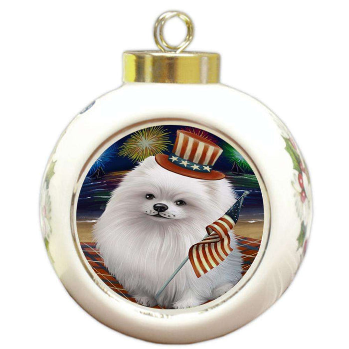 4th of July Independence Day Firework Pomeranian Dog Round Ball Christmas Ornament RBPOR48970