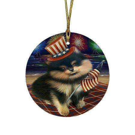 4th of July Independence Day Firework Pomeranian Dog Round Christmas Ornament RFPOR48958