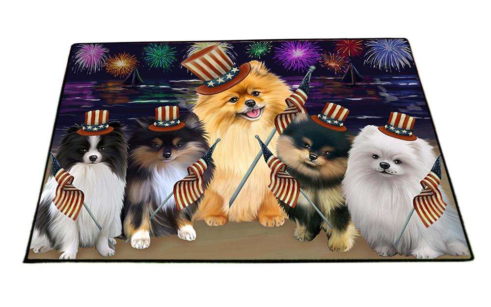4th of July Independence Day Firework Pomeranians Dog Floormat FLMS49449