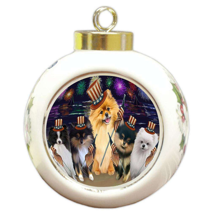4th of July Independence Day Firework Pomeranians Dog Round Ball Christmas Ornament RBPOR48966