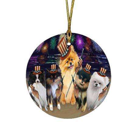 4th of July Independence Day Firework Pomeranians Dog Round Christmas Ornament RFPOR48957
