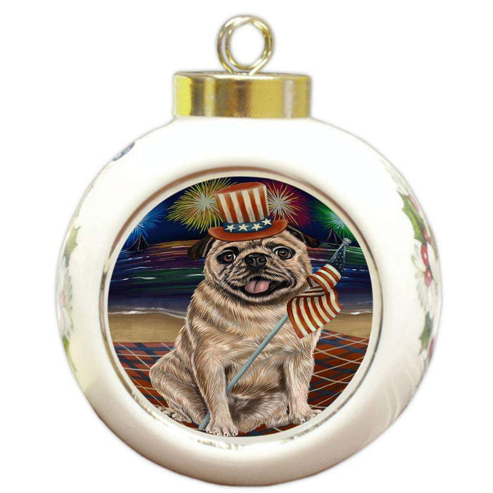 4th of July Independence Day Firework Pug Dog Round Ball Christmas Ornament RBPOR49611