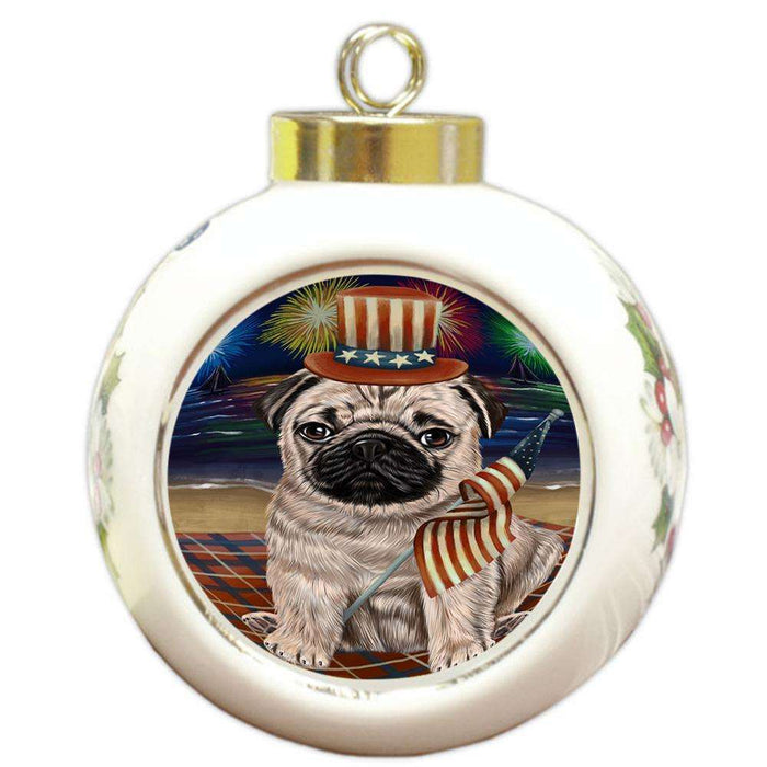 4th of July Independence Day Firework Pug Dog Round Ball Christmas Ornament RBPOR49613