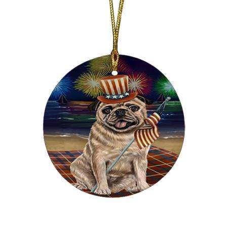 4th of July Independence Day Firework Pug Dog Round Flat Christmas Ornament RFPOR49602