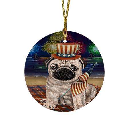 4th of July Independence Day Firework Pug Dog Round Flat Christmas Ornament RFPOR49604
