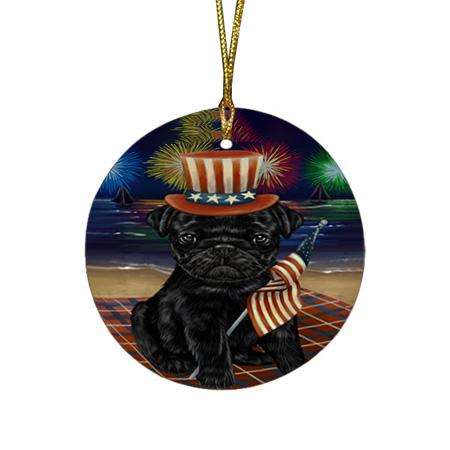 4th of July Independence Day Firework Pug Dog Round Flat Christmas Ornament RFPOR49605